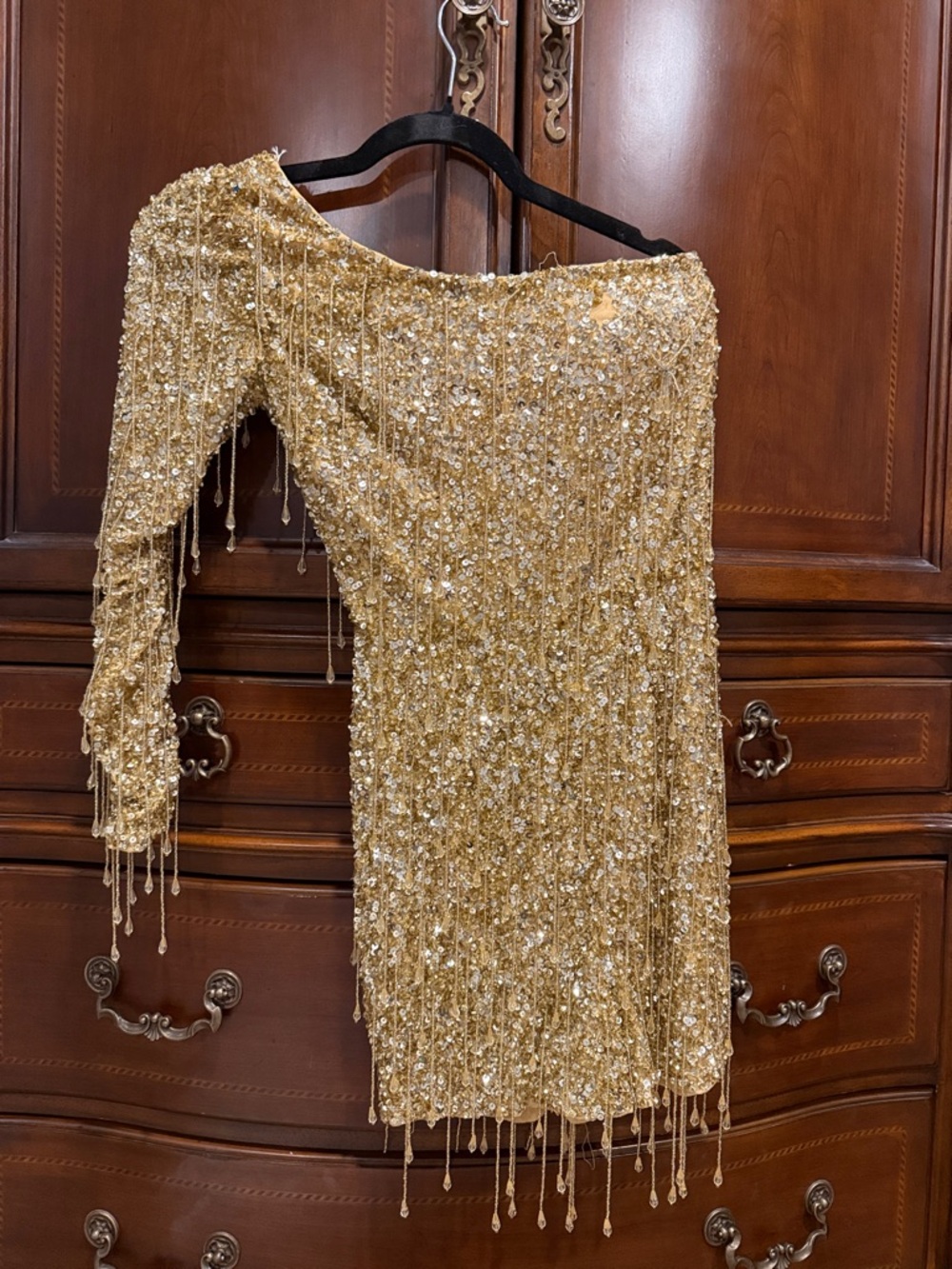 Rachel Allan Gold One-Shoulder Beaded Fringe Jumpsuit